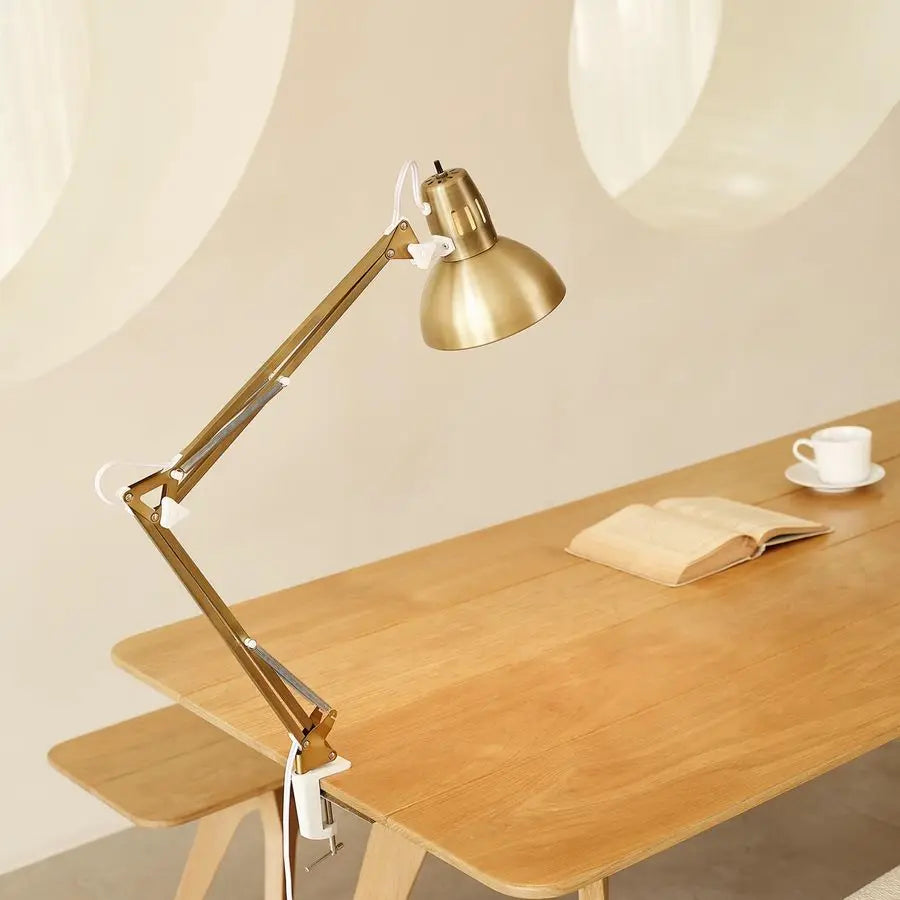 Electric 62000010 32 MultiJoint Desk Lamp with Metal Clamp, Matte Brass, White Accents, On Off Rotary Switch on Shade, Partially