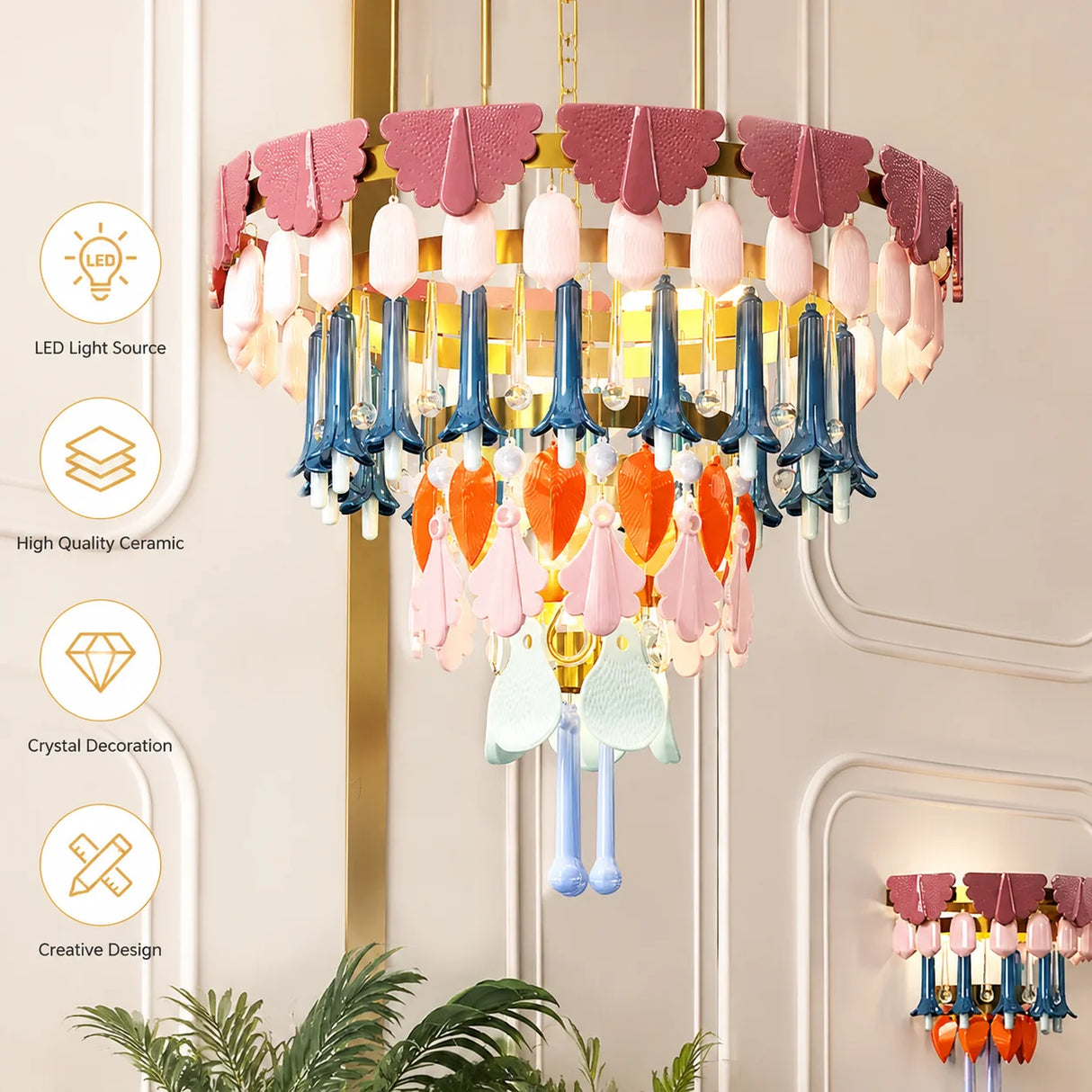Vintage Ceramic Macaron Crystal Pendant Light LED Hanging Lamp for Bedroom Living Room Hotel Creative Glass Art Chandelier