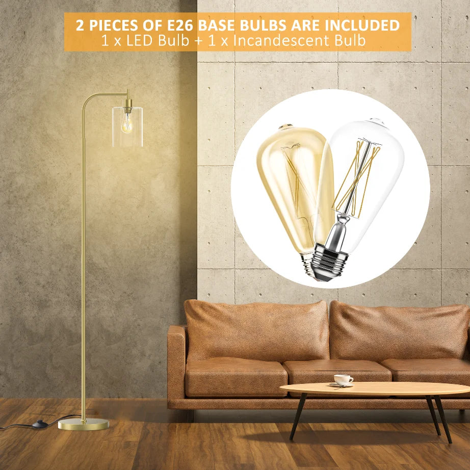 Modern Standing Tall Industrial Arched/Arc Floor Lamp with Glass Shade and 2 Bulbs Included