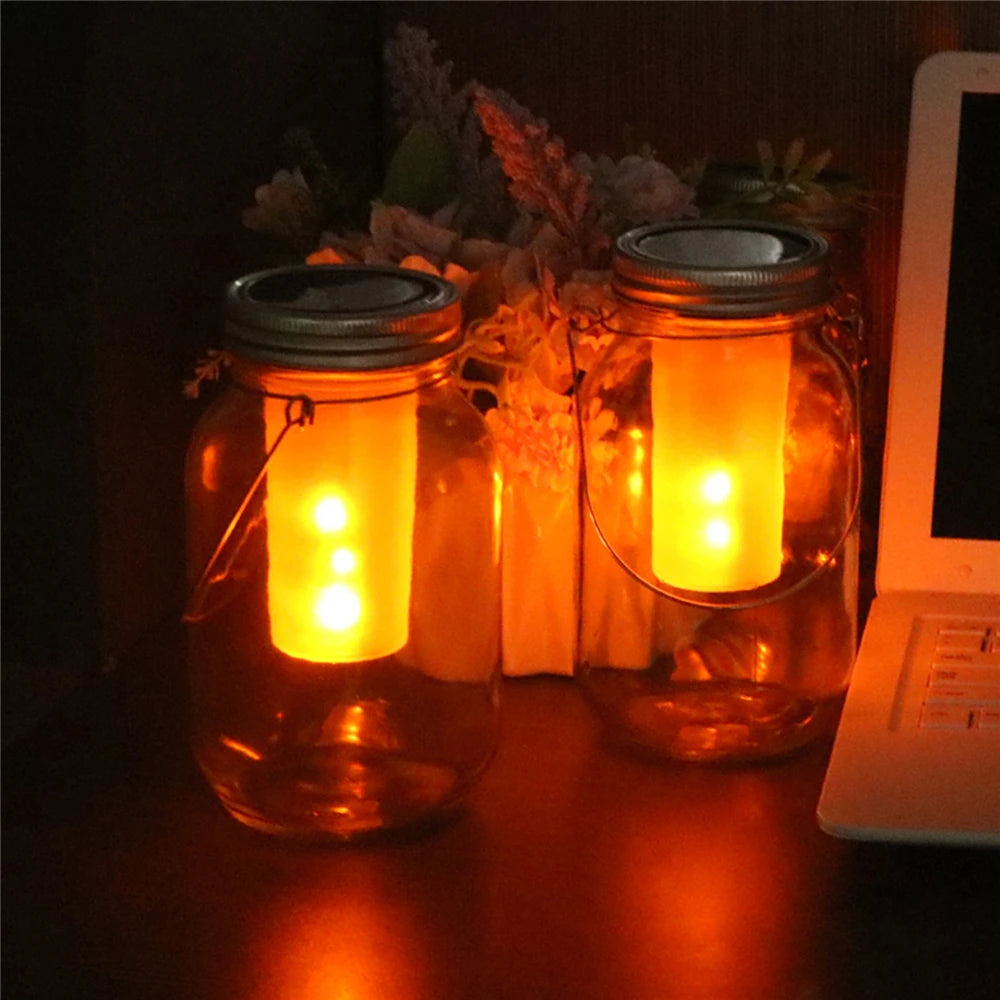 2/4/8/12PCS Solar LED Mason Jar Lit Light Flame Warm LED Garden Outdoor Solar Bottle Lamp Candle Lantern Christmas Decoration