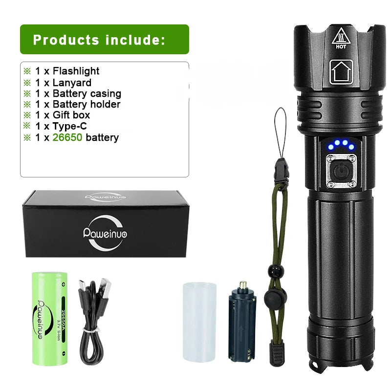 New Super Flashlights Torches Ultra Powerful Flashlight USB Recharge Flash Light 12000MAh LED Flashlight Zoom Tactical Lantern