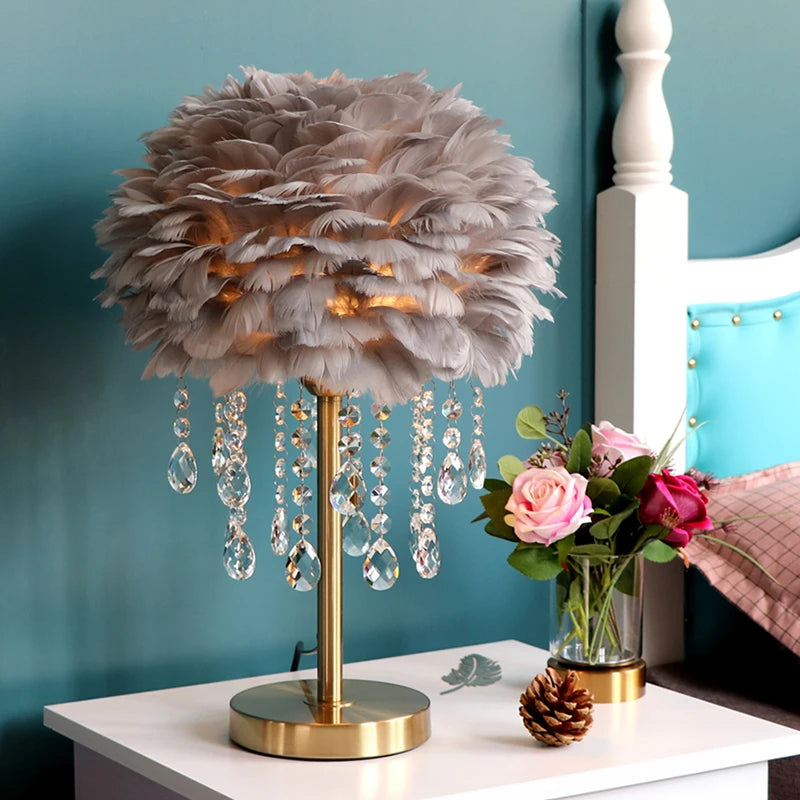 Nordic Feather Crystal Table Lamp Bedroom Ins Girl Warm Bedside Lamp Creative Luxury Romantic Feather Lamp