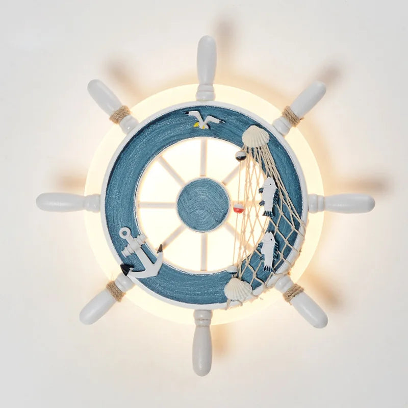 Mediterranean Style Wall Lamp Rudder Boy Children Room Anchor Decoration Bedside Light 27W LED Acrylic Wood Cartoon Sconce Light