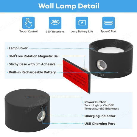 LED Wall Light 360 Rotate Rechargeable Wall Mounted Sconce Lamps Modern Nordic Luminaire Indoor Decor Cordless Wall Light