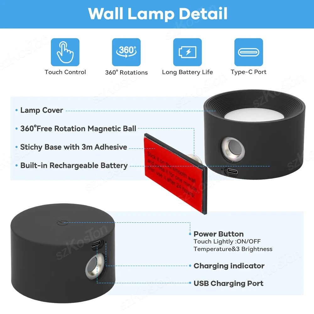LED Wall Light 360 Rotate Rechargeable Wall Mounted Sconce Lamps Modern Nordic Luminaire Indoor Decor Cordless Wall Light