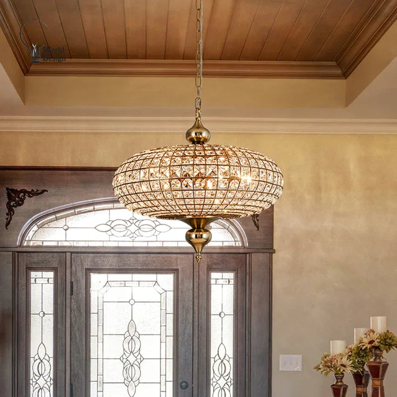 Vintage K9 Crystal Pendant Lights for Living Room Bedroom American Copper Crystal Ceiling Chandelier for Dining Room Kitchen Bar