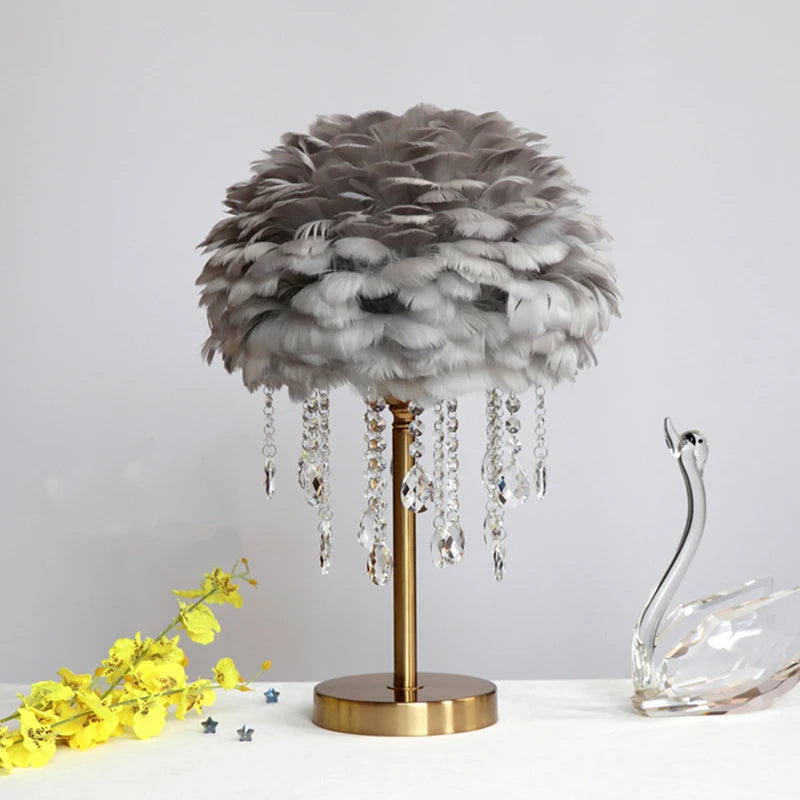 Nordic Feather Crystal Table Lamp Bedroom Ins Girl Warm Bedside Lamp Creative Luxury Romantic Feather Lamp