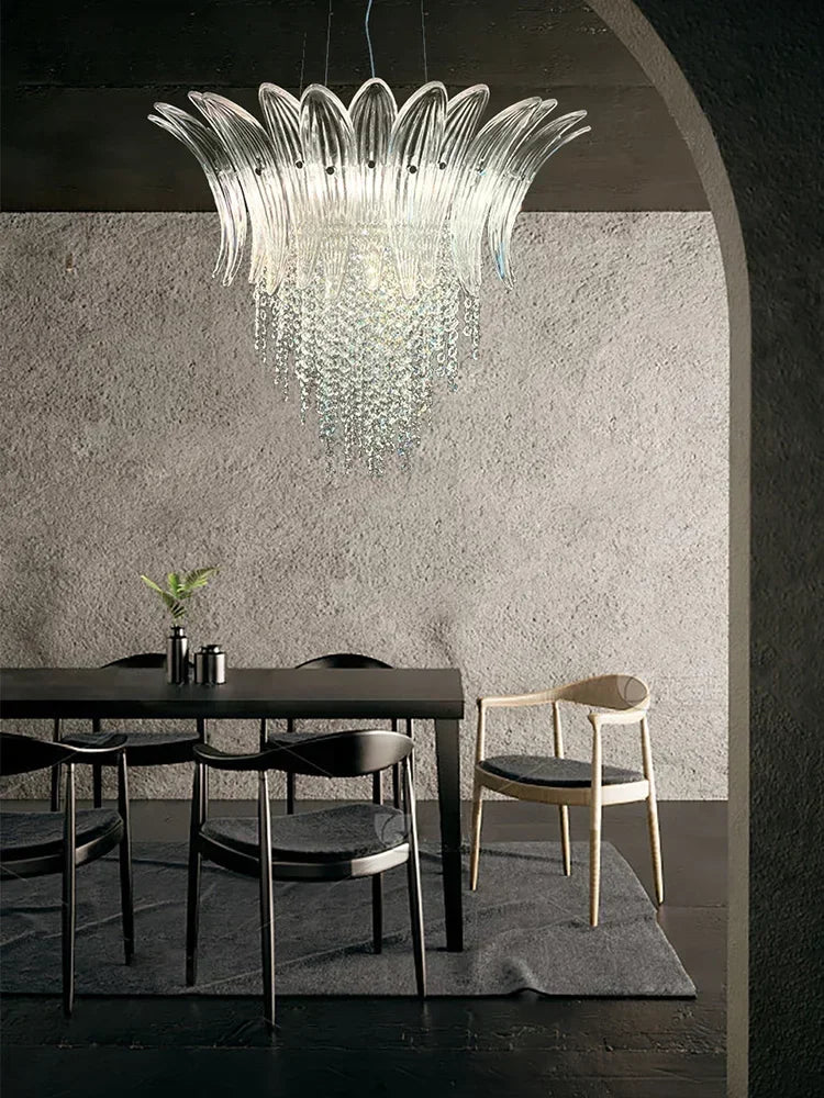Petal Glass Flower Pendant Ceiling Lamp Minimalist Art Crystal Fringe Lamp for Living Room Staircase Villa Foyer Decor Lamp