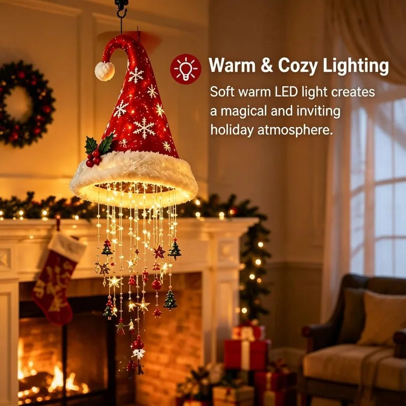 Glowing Santa Hat Chandelier - Warm Glowing Christmas Ornaments Hanging Chandelier Xmas Decoration for Porch Festive Decor