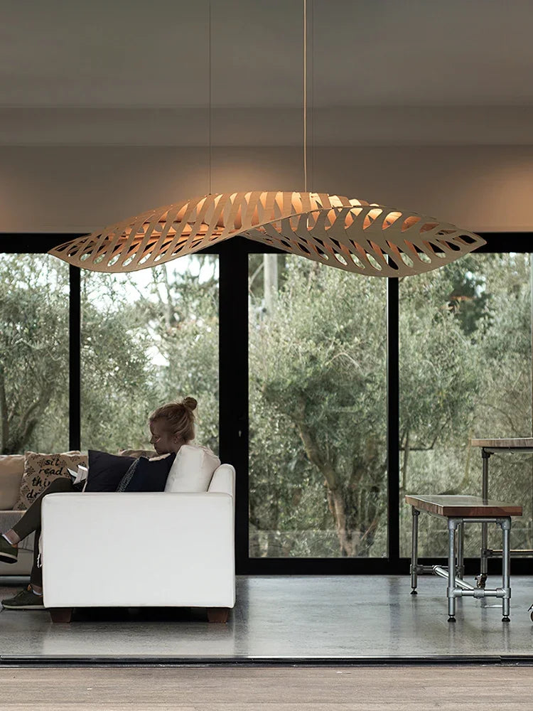 Nordic Wabi Sabi Fish Bone Wood Ceiling Pendant Light Home Deco Living Room Led Chandelier Bar Cafe Hanging Lamp Lustre Fixture