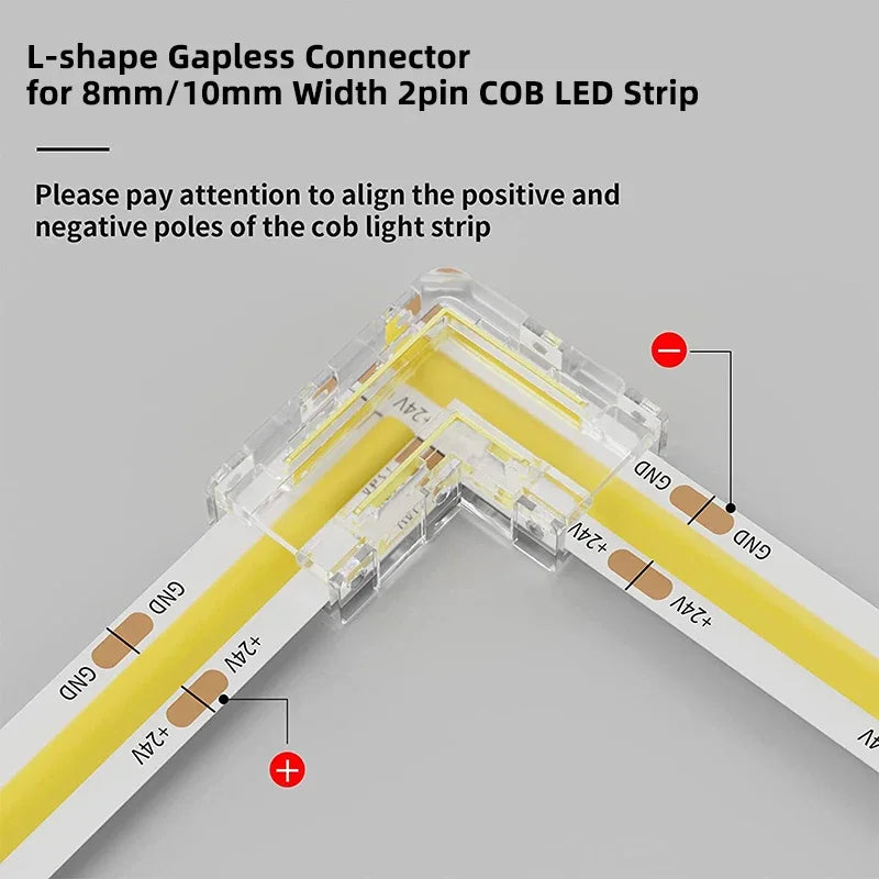 2Pin L-Shaped COB LED Connectors 8mm 10mm Strip to Strip Solderless Corner Connector for 2pin COB LED Strip Lights