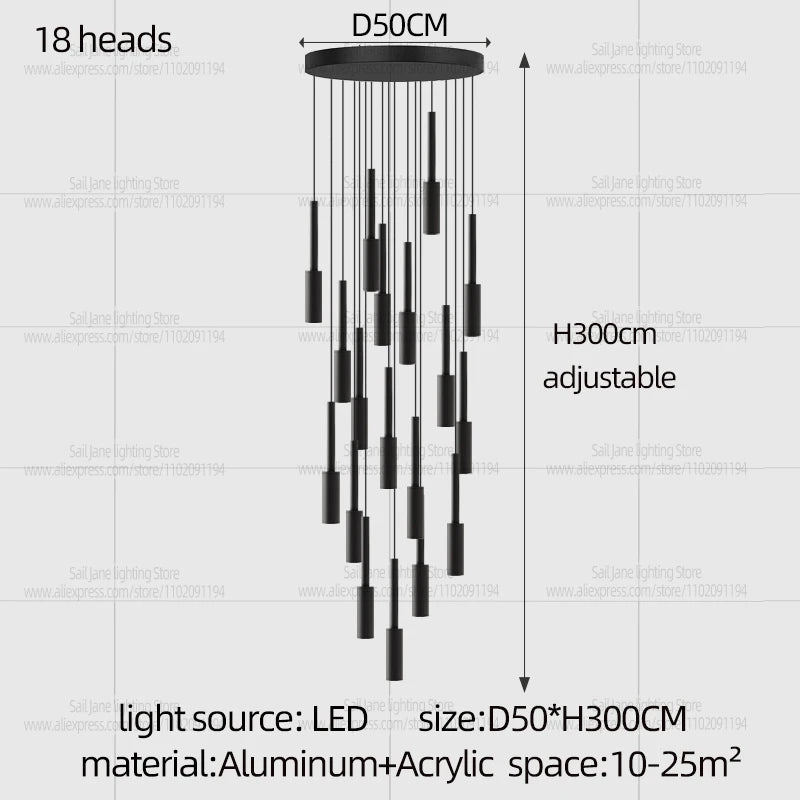 Cylindrical Pendant Light Long Line Attic Chandelier - Modern LED Villa Spotlight