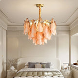 Designer Petal Shape Amber Glass Chandelier Dimmable Stainless Steel Pendant Light for Living Dining Room Led Lights
