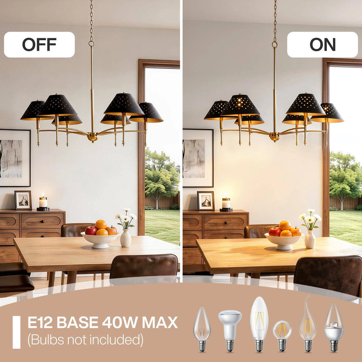Tribesigns 6-Light Gold Chandelier with Matte Black Lampshade, 35" Farmhouse Dining Room Light Fixture Over Table