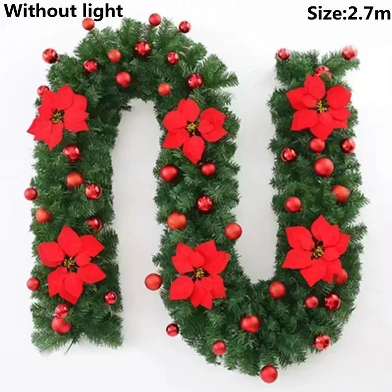 Christmas LED Rattan Garland 2.7m Artificial Xmas Tree Wreath, Decorative Banner for Home Fireplace Door Staircase Party Decor