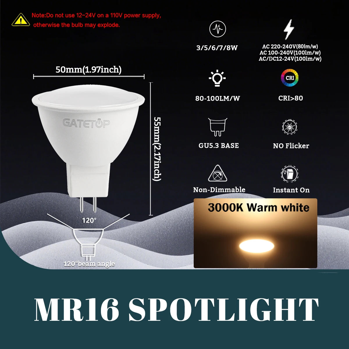 20-Pack MR16 LED Spotlights - GU5.3 12V / 110V / 220V Bi-Pin Bulbs