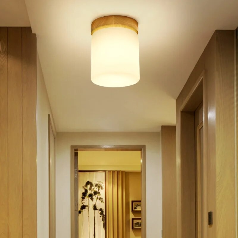 Nordic LED Ceiling Lamp Modern Wood Lights Glass Lamp shape Corridor Aisle Entrance Balcony Ceiling Light Cube Cylinder Luminaire