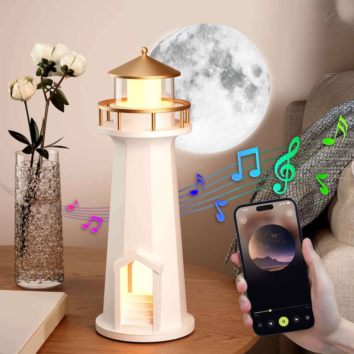 Rechargable Moon Lighthouse Projector Night Light with Full Moon Projector Moon Lighthouse Lamp for Kids Boys Girls Gift Decor