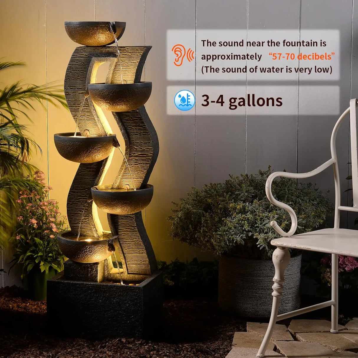 52.8" 6-Tier Outdoor Water Fountain with LED Lights, Large Cascading Resin Waterfall for Garden Patio Yard Deck, Custom