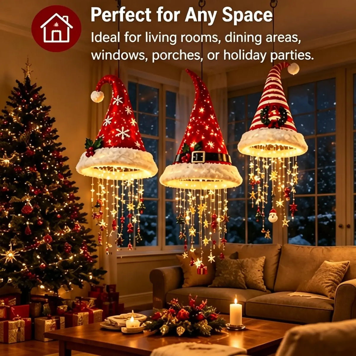 Christmas Santa Hat Hanging Light LED Lamp with Christmas Pendants Winter New Year Party Home Wall Ceiling Decor Ornament