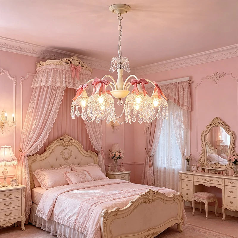 French Crystal Chandeliers Bedroom Living Room Dining Room Lamps Pink Bow Baby Room Princess Room Girl Bedroom Decor Chandelier