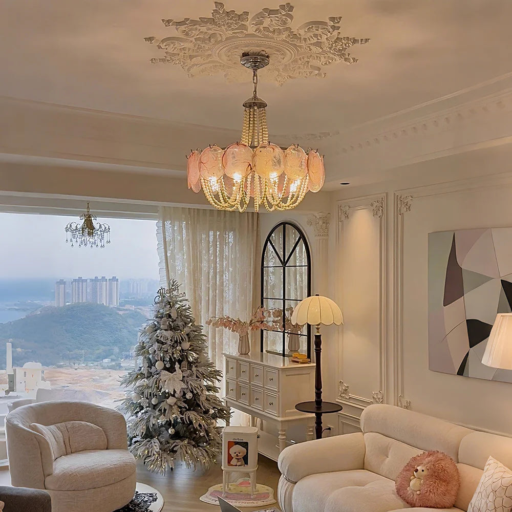 French Flower Glass Pendant Light Creamy Pearl Romantic Master Bedroom Lighting High-end Restaurant Lights