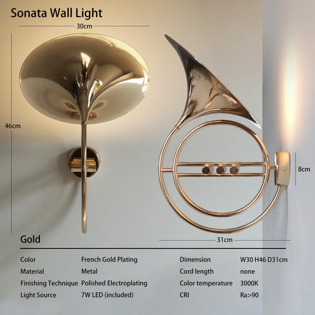Caren Lighting Wall Light Vienna Horn Inspired Decorative Lighting Fixture 6 Valve Buttons Gold Chrome LED Premium Polished