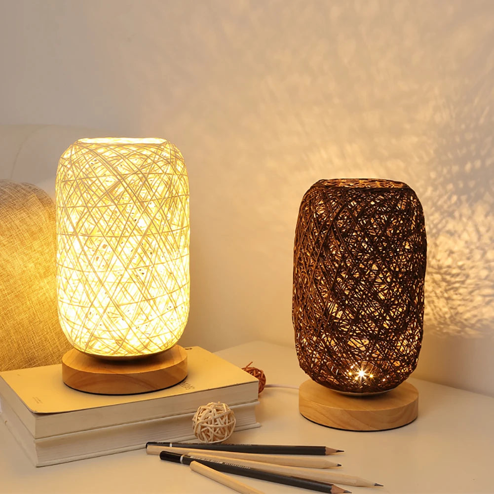 Led Night Light Wooden Rattan Twine Table Lamps Dimmable Light Desk Lights Home Art For Power Bank Bedroom Bedside Decoration