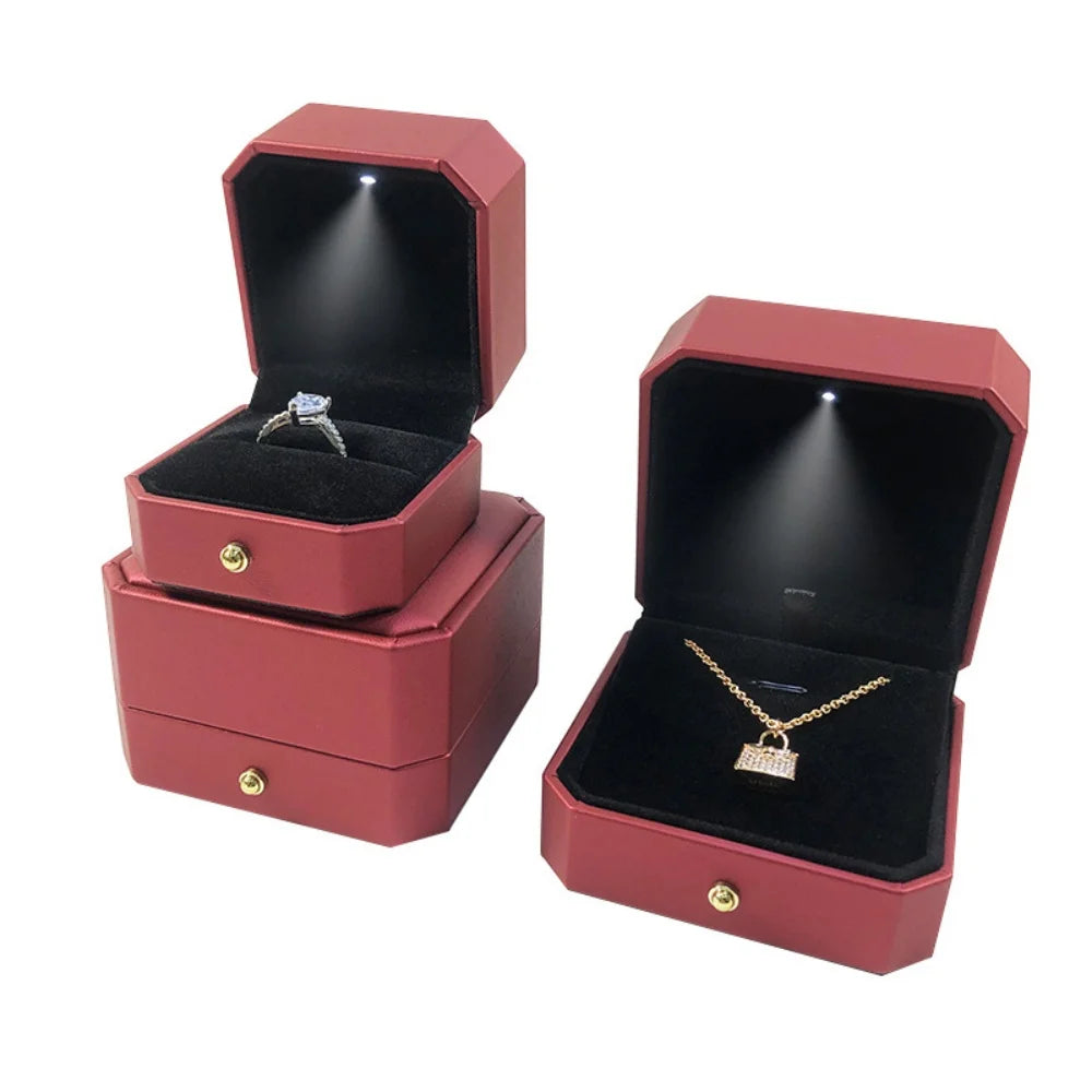 PU Leather LED Light Jewelry Box - Luxury Empty Case for Ring, Necklace & Earrings