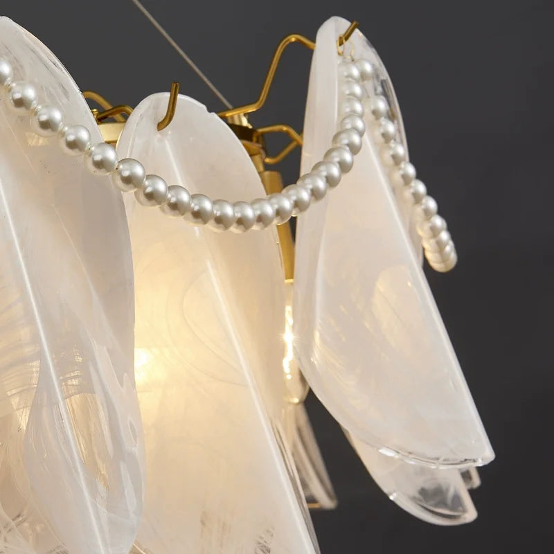 Luxury Glass Chandelier with Pearl Accents - Modern Ceiling Pendant Light Fixture for Living Room, Dining Room & Bedroom