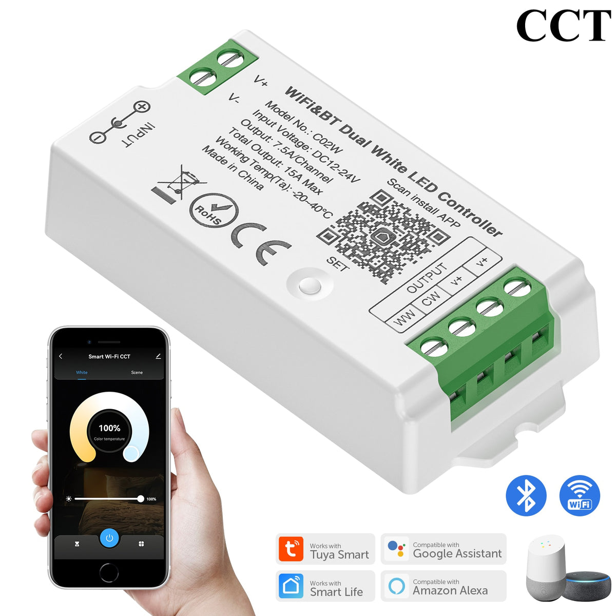 Smart LED Controller, Tuya WiFi, Alexa, Google Home, Bluetooth Voice Control, Dynamic Lighting Control, CCT, RGB, RGBW, Dimmer, iOS, Android, 2.4G, DC12V, DC24V, Intelligent Connectivity, Dynamic Light Modes, User-Friendly Compatibility, Versatile Voltage Support, Effortless Control, Max Load Power, Durable Craftsmanship, Certified Quality, Two-Year Warranty, WiFi and Bluetooth Connection, Lighting Ambiance, Lighting Control Options