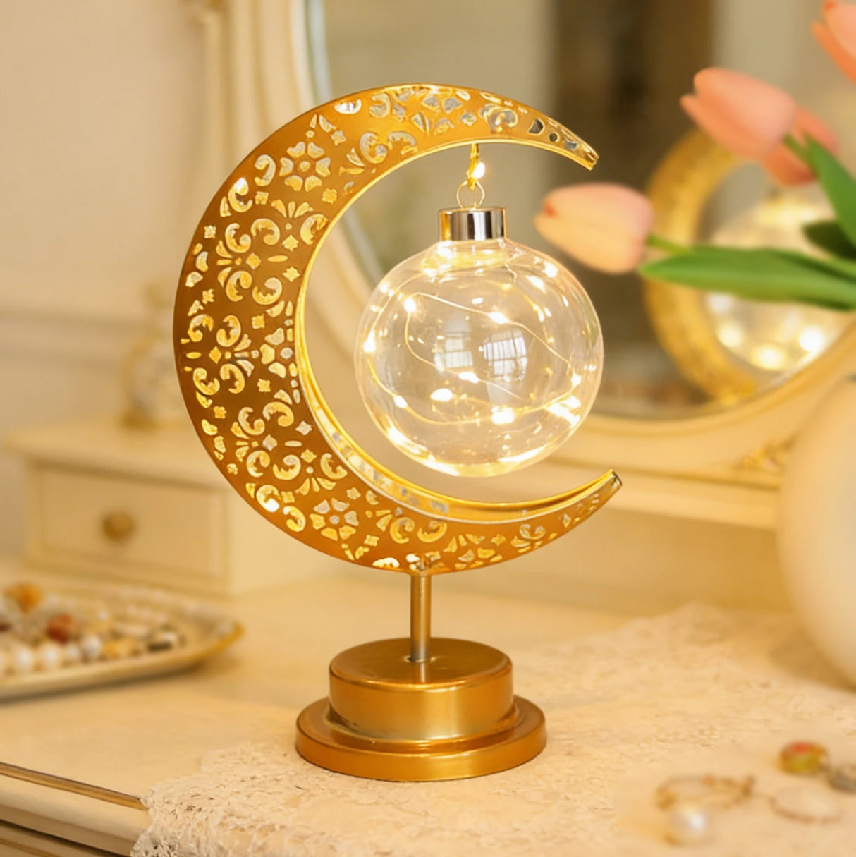 Eid Mubarak Moon LED Desk Lamp, Dimmable Warm Night Light for Bedroom, Ramadan, Gift, Decor