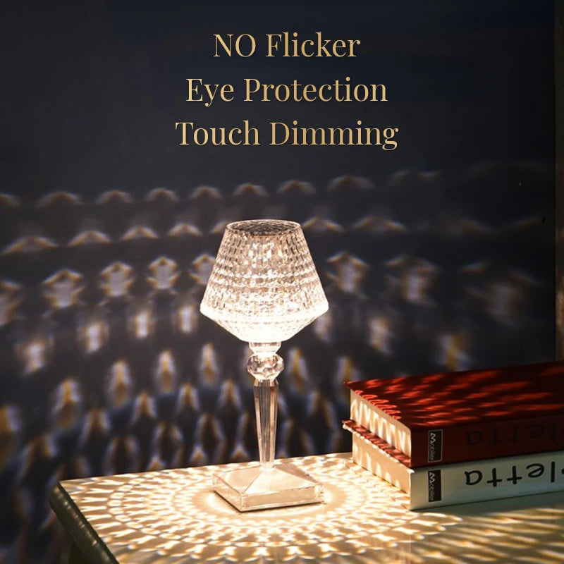 LED Diamond Table Lamp USB Touch Desk Lamp Eye-Protection Reading Lamp Crystal Projection Night Lights Home Bar Xmas Decor Light