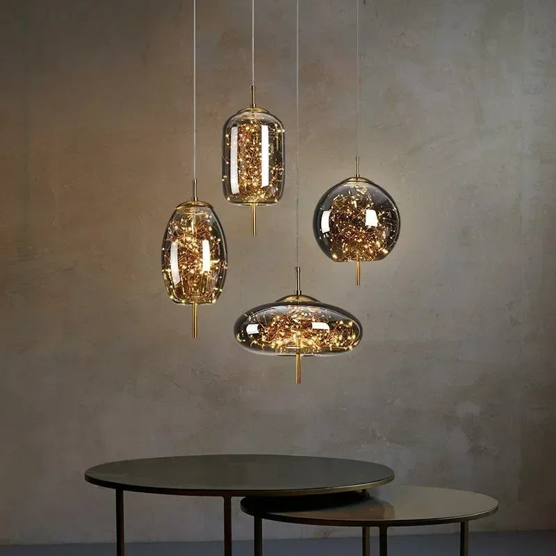 LED Nordic Net Red Bedside Chandelier Girl Light Glass Small  Luxury Long Line Personality Art Full of Stars Hotel Bar Xn