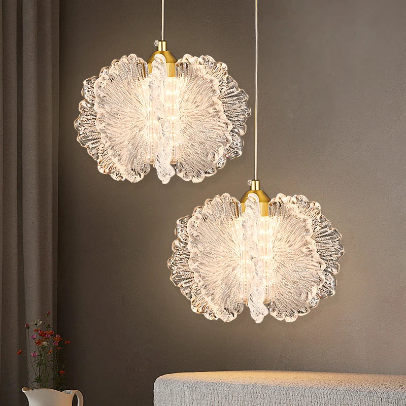 Nordic French Cream-Style Long Line LED Pendant Light - Acrylic Flower Chandelier Lamp for Bedroom Bedside, Dining Room & Living Room