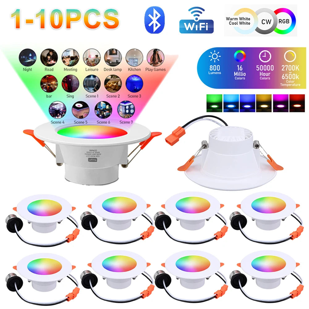 10W Tuya LED Downlight Bluetooth Smart Ceiling Light RGB+CW+CCT Dimmable Spotlight 85-265V Smart Night Light APP Remote Control