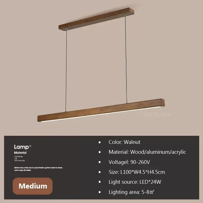 LED Pendant Light Dining Table Lamp Wood Long Strip Suspension Chandelier for Living Dining Room Lighting Fixture