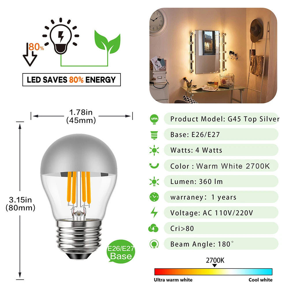 G45 Edison LED Globe Night Bulb - 4W Dimmable E12 E14 E26 E27 Silver Top Mirror Light