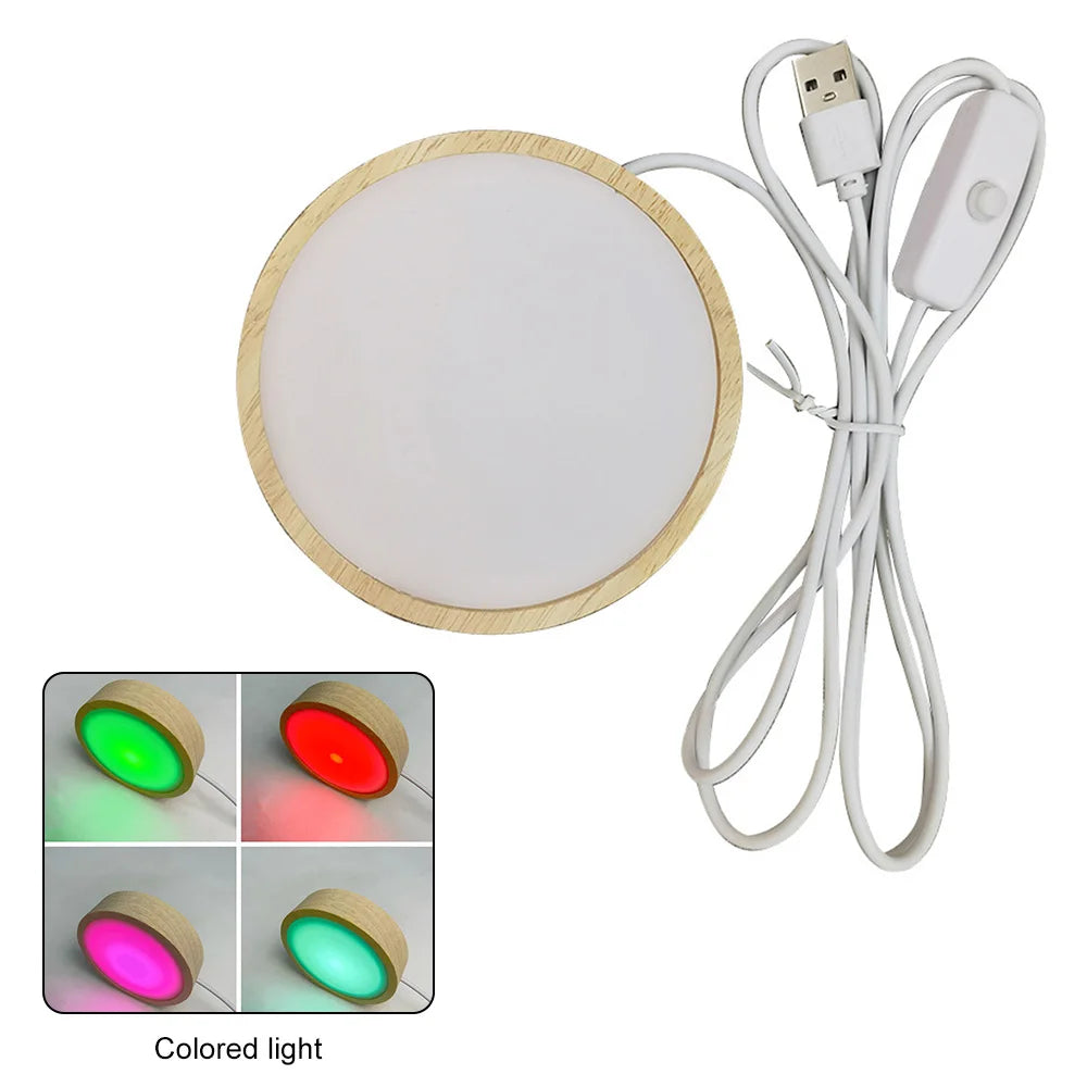 USB Plug Wooden Led Lamp Holder Round Display Stand Lamp Holder Crystal Art Ornament Luminous Base Ambient Lamp Night Light