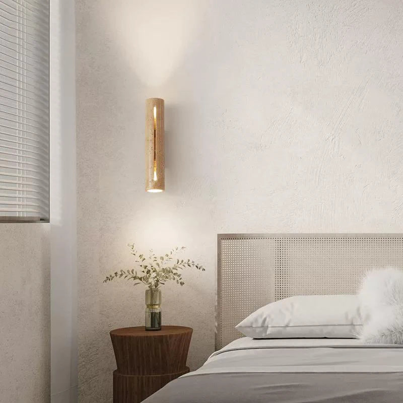 Yellow Cave Stone & Wood LED Wall Sconce Lamp - Wabi-Sabi Natural Travertine Stone Wall Light for Living Room, Bedroom Bedside & Corridor Decor