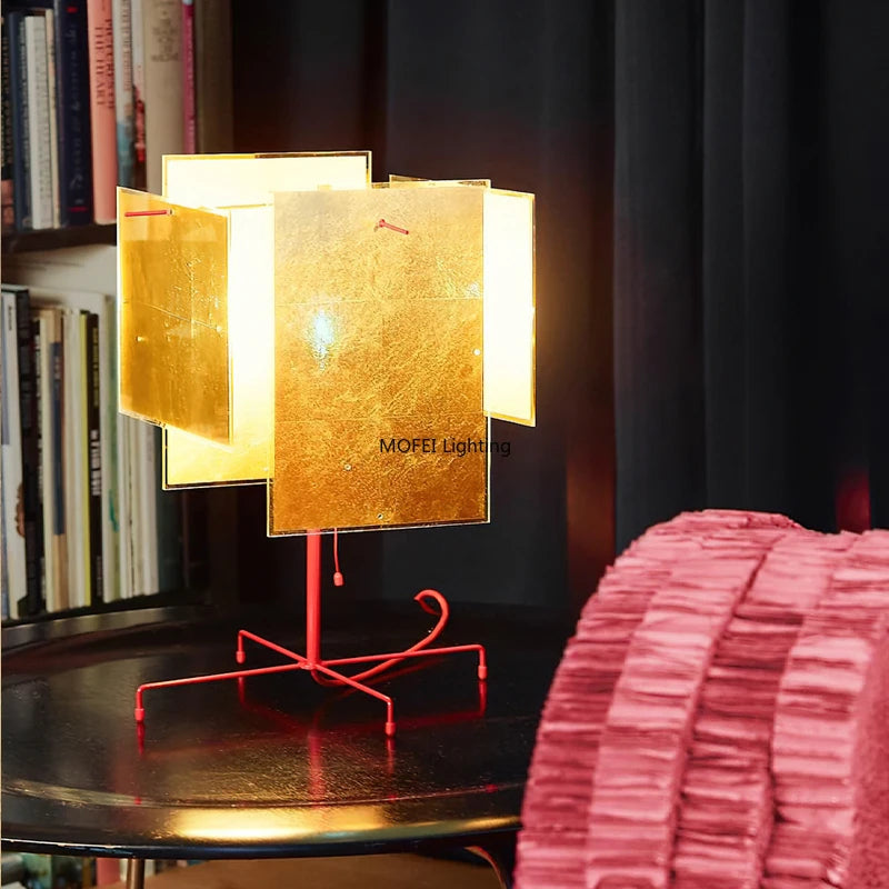 24k Gold Leaf Table Lamp Handmade Acrylic Bedside Lamp Living Room Bedroom Nightstand Hotel Luxury Home Decor Lighting Gift