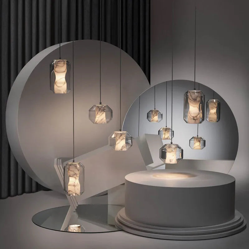 Nordic Glass Marble LED Pendant Lamp For Bedroom Bedside Dining Room Bar Bathroom Villa Art Decoration Small Chandelier Light