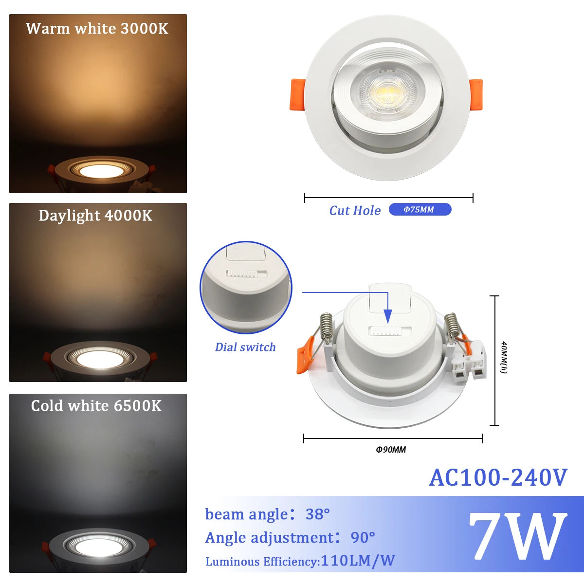 LED Change Color 3 CCT 3000K 4000K 6000K LED Ceiling Spotlight Embedded Light 7W AC 110V 220V Adjust 90°  1-10pcs Lighting Spot