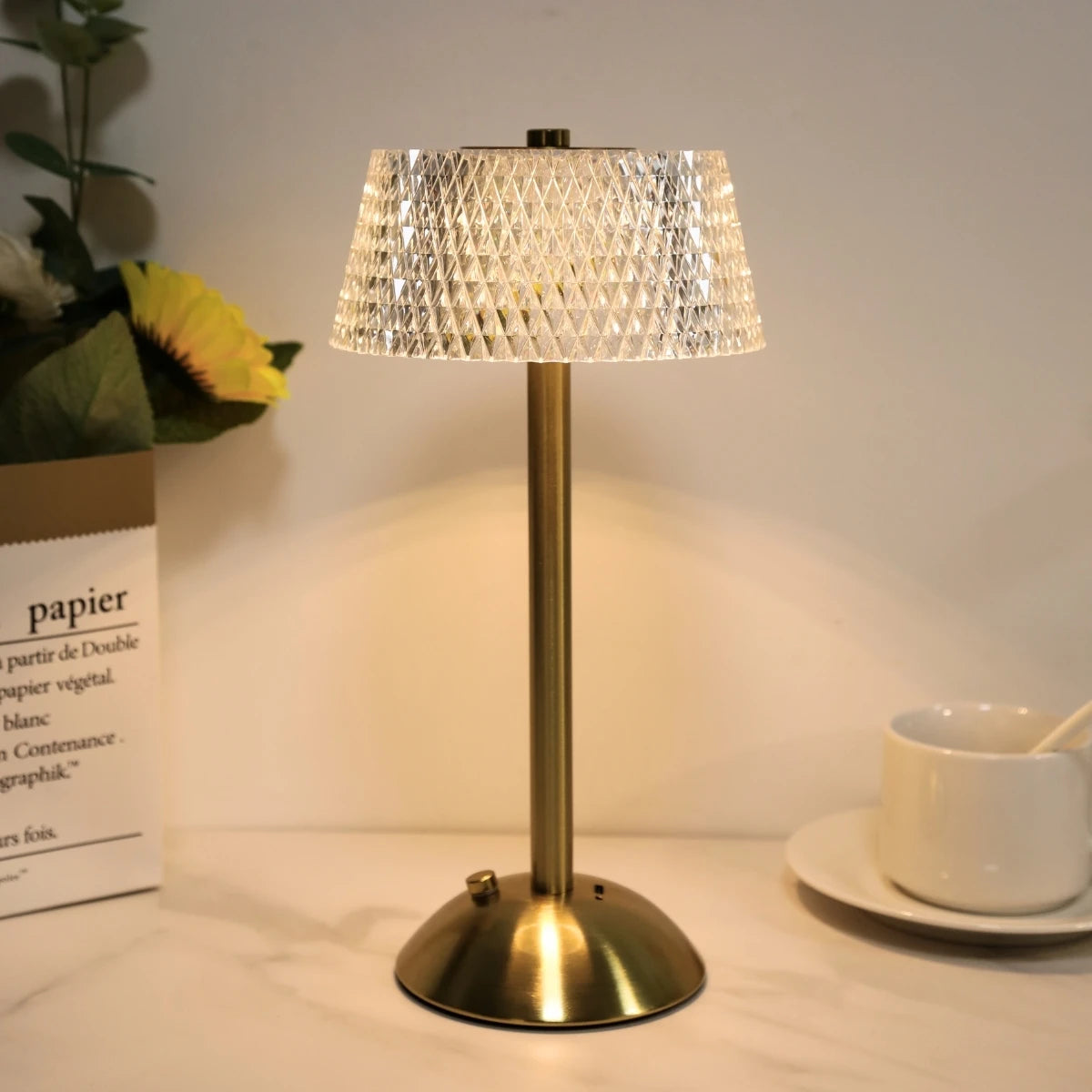 Modern minimalist crystal bedside lamp, touch control adjustable brightness night light, suitable for multiple room ambiance.