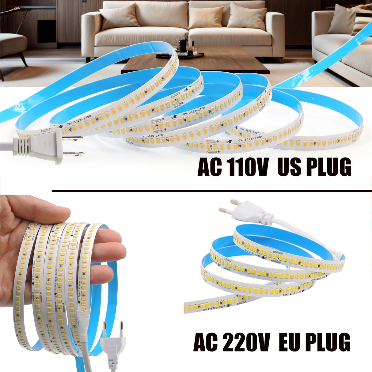 High-Density AC 110V 220V LED Strip Light - 240 LEDs/M Flexible Ribbon