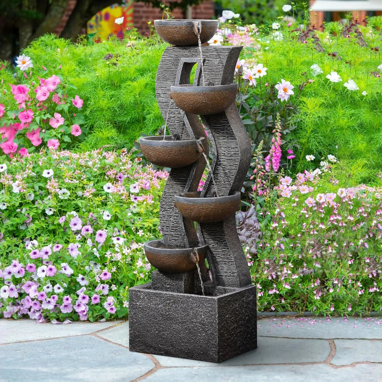52.8" 6-Tier Outdoor Water Fountain with LED Lights, Large Cascading Resin Waterfall for Garden Patio Yard Deck, Custom