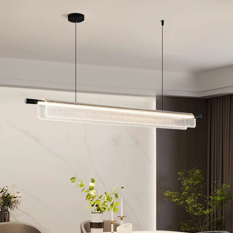 Simple Acrylic Linear LED Chandelier for Dining Table Kitchen Island Restaurant Bar Office Study Modern Iron Strip Pendant Light