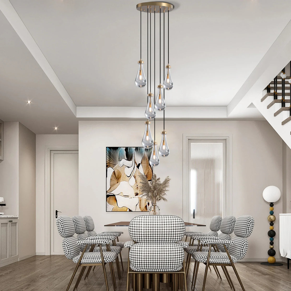 Modern Raindrop Pendant Light Lamp Luxury Round Brass High Ceiling Glass Lampshape Chandelier For Living Room Dining Room Stairs