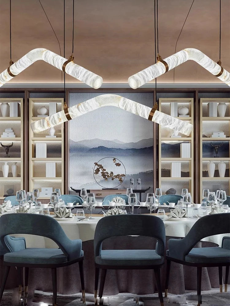 2026 Luxury Marble Linear Chandelier - Minimalist LED Dining Room Pendant Light