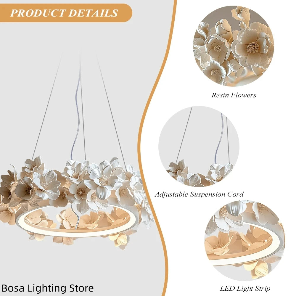 French Round Floral Pendant Lamp Cream Style Resin Hanging Light Parlor Bedroom Office LED Dining Room Double Layer Chandelier